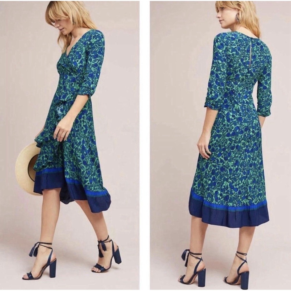 Anthropologie Maeve Prunella Dress Blue Green Ruffled Floral Midi V Neck Size 4